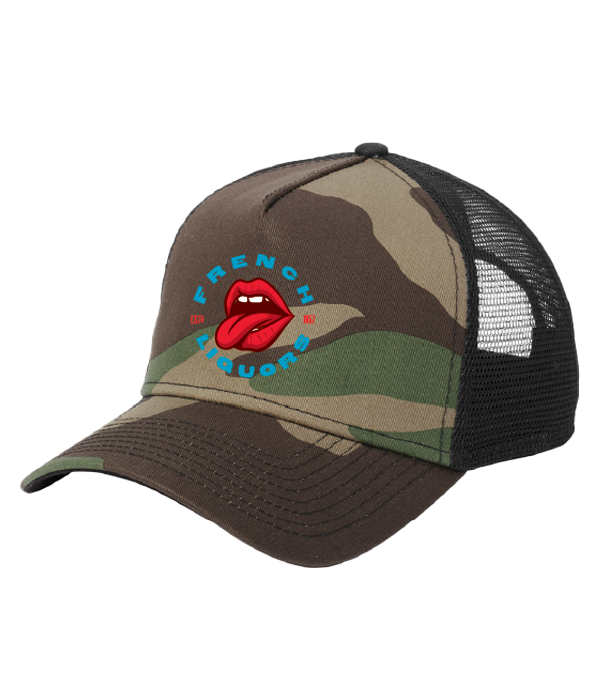 Camoflage trucker hat with French Liquors logo