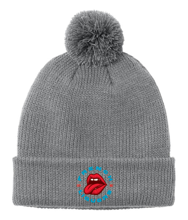 Grey knitted winter hat with French Liquors logo