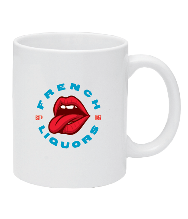White coffee mug with French Liquors logo